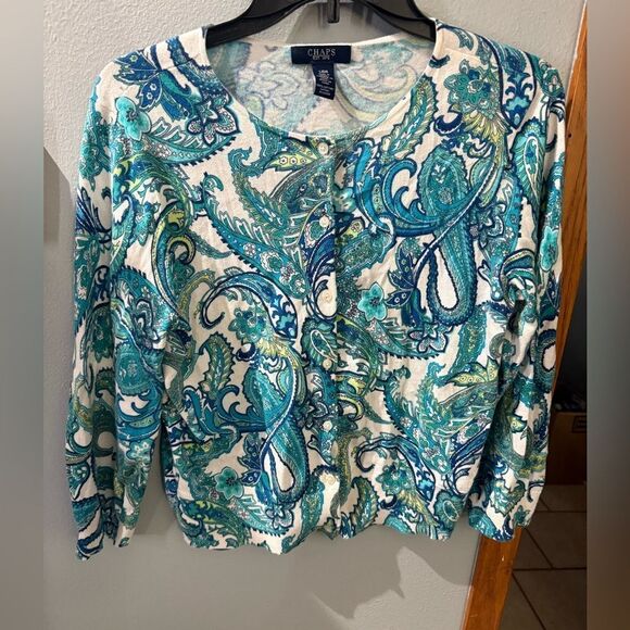 Chaps Paisley Button Down Cardigan Sweater Women's Large White Blue Green - Picture 1 of 7